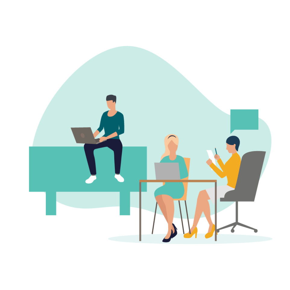 Three people in a meeting